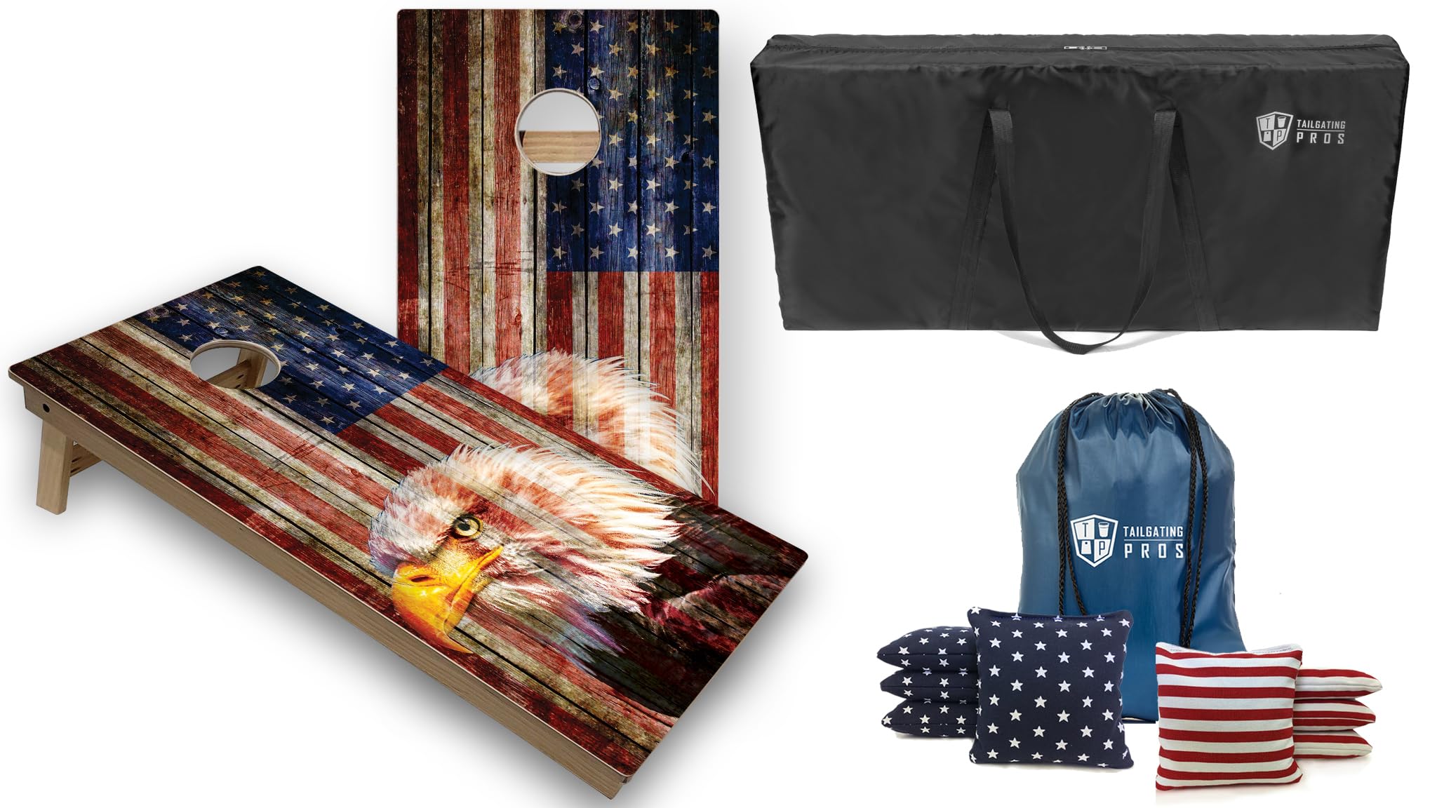 Tailgating Pros Cornhole Boards-4'x2' Tournament Grade Cornhole Game w/Carrying Case & Set of 8 Corn Hole Bean Bags w/Tote (4'x2' Patriotic Eagle Tournament)