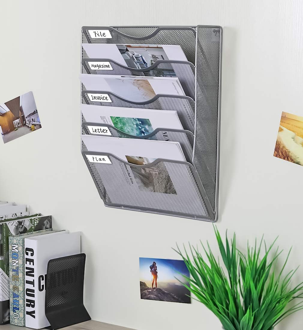 EasyPAG 5 Pockets Wall File Holder Organizer Hanging Magazine Rack,Silver