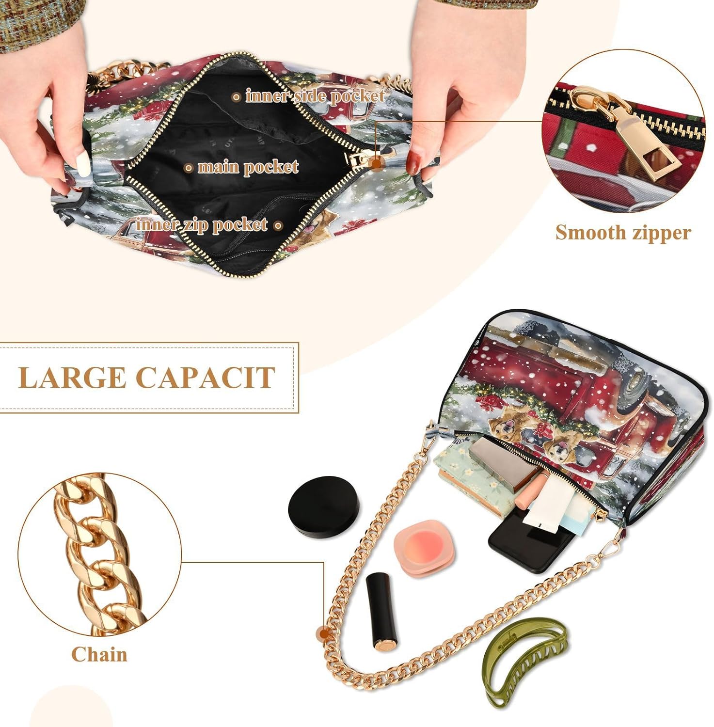 Christmas Red Truck Dog Chain Shoulder Bag Hobo Tote Handbag Mini Clutch Purse with Zipper Closure for Women
