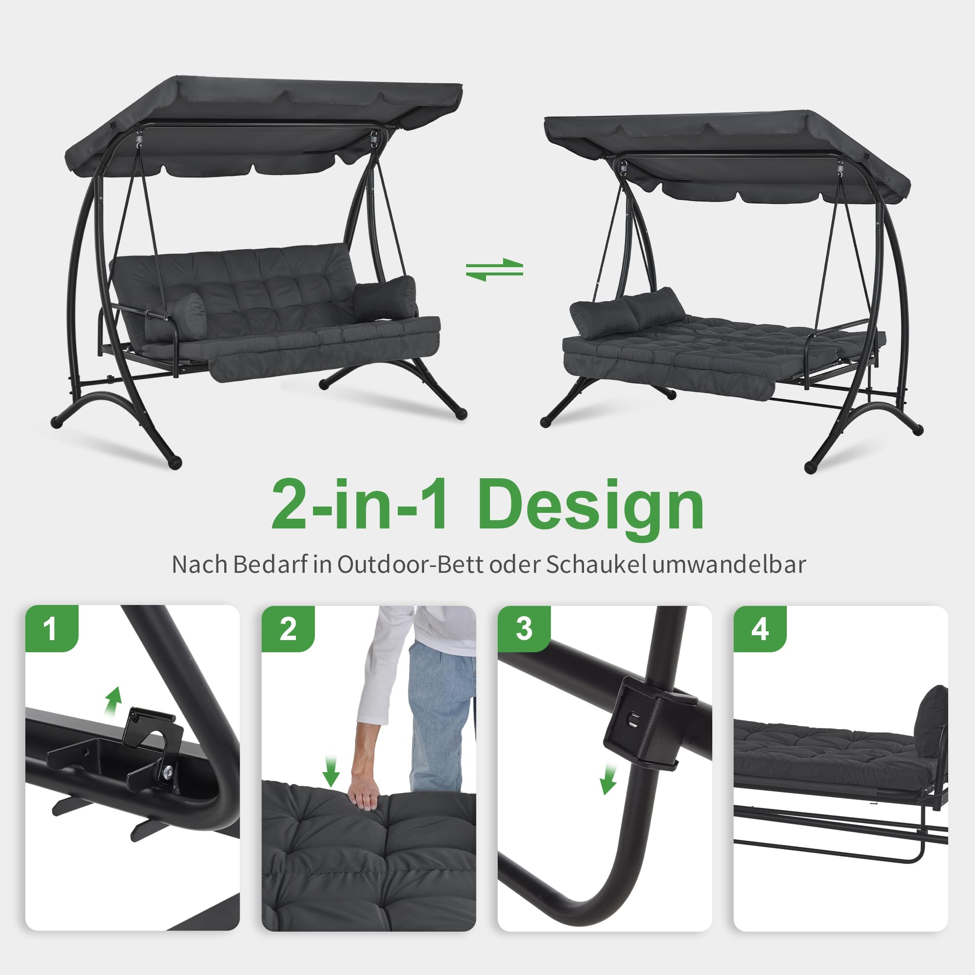 M MCombo3-SitzerHollywoodschaukel mit Liegefunktion, mit Extradickem Sitzkissen &Sonnendach, Gartenschaukel bis 300kg Belastbar, 201x125x173 cm, Schaukelbank OutdoorWetterfest 4095 (grau)
