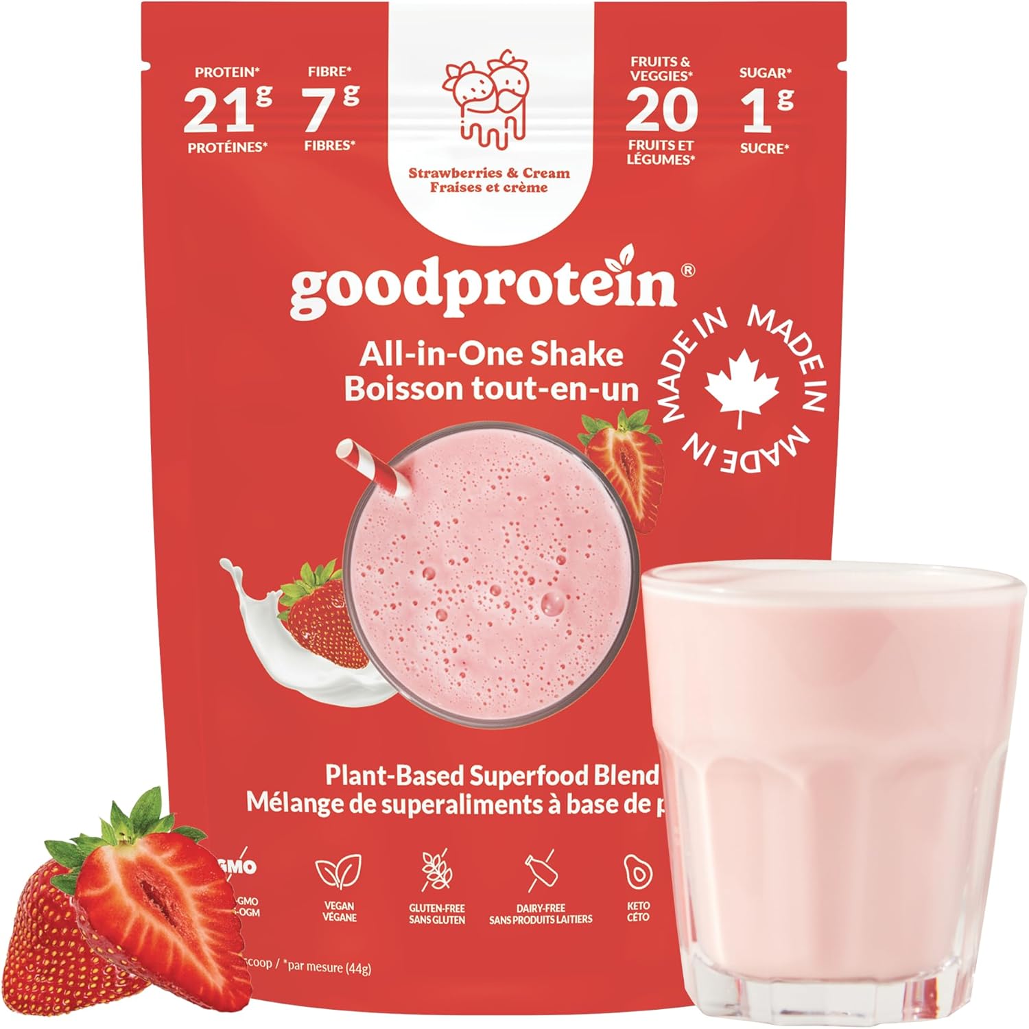 Good Protein Vegan Plant-based Protein Powder 100% Natural, Non-GMO, Dairy-free, Gluten-free, Soy-free, No Added Sugar and Nothing Artificial. Strawberries & Cream All-in-One Shake 440 grams