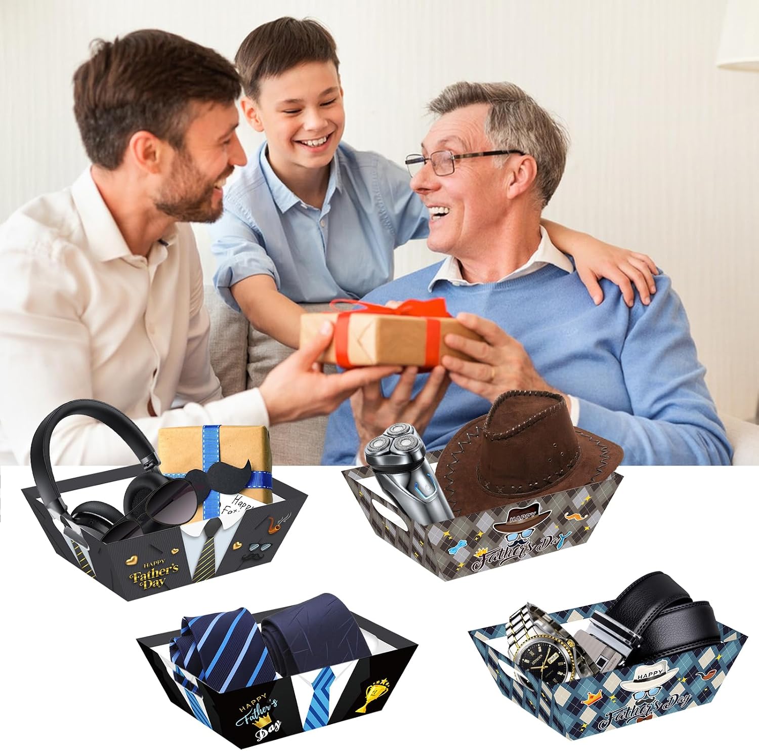 Zoketriton 24 Set Happy Father's Day Baskets for Gifts Empty with Cellophane Basket Bags Bows, Happy Father's Day Market Tray Cardboard Basket to Fill for Father's Day Birthday Party Decor