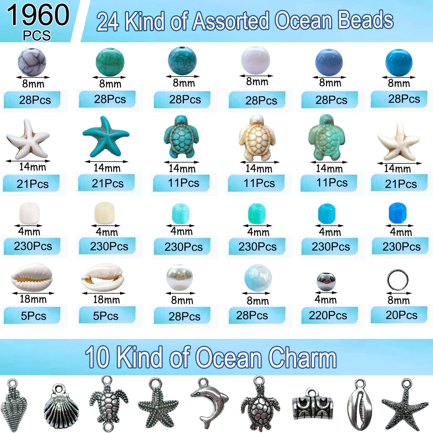 1960Pcs Ocean Beads for Bracelets Making Kit, Blue and White Summer Beach Bead for Jewelry Making, Sea Turtle Seashell Starfish Shape Beads 8mm Round Seed Bead for DIY Craft Bracelets Earring - Image 4