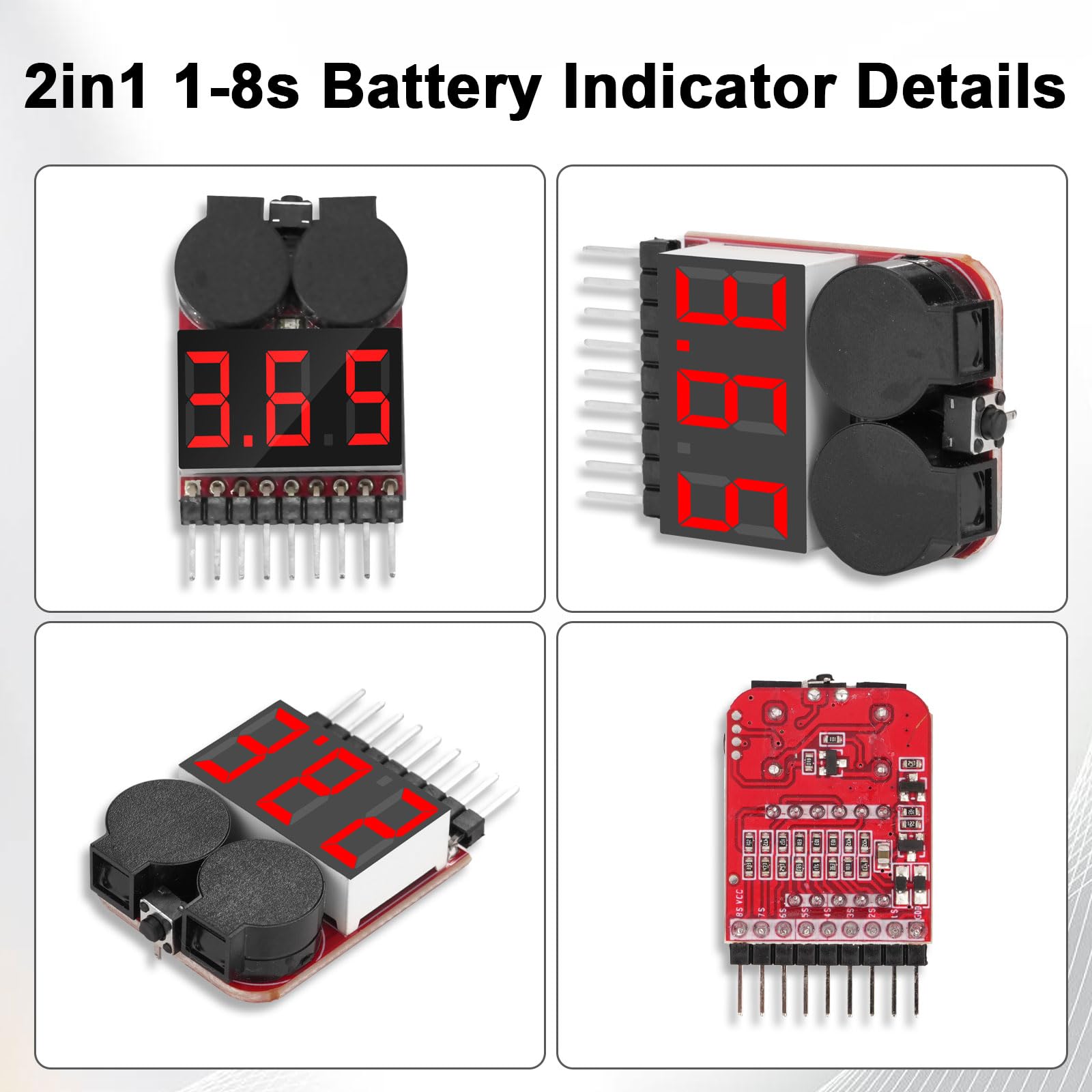 RUIZHI 1-8S Lipo Testeur Batterie Moniteur, Alarme de Basse Tension de Batterie au Lithium, Indicateur de Niveau Testeur de Batterie avec Indicateur LED pour Lipo/Life/LiMn/Batterie Li-ion(6 Pièces)