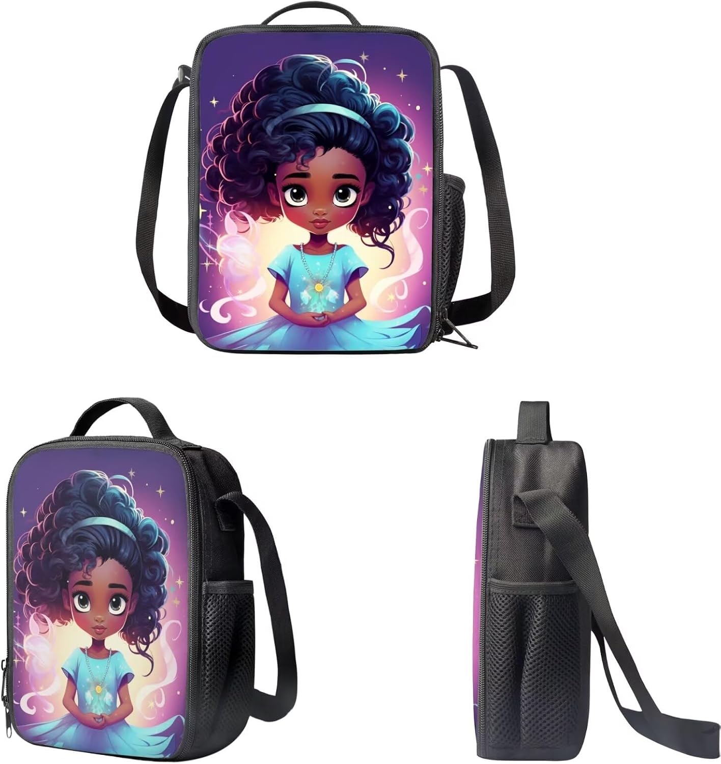Cute African Girls Little Princess Backpack for School for Girls 6-8 Elementary Backpack and Lunch Bag Set for Girls 3 in 1 Kids Schoolbag Set Bookbags for 4th Grade Girls
