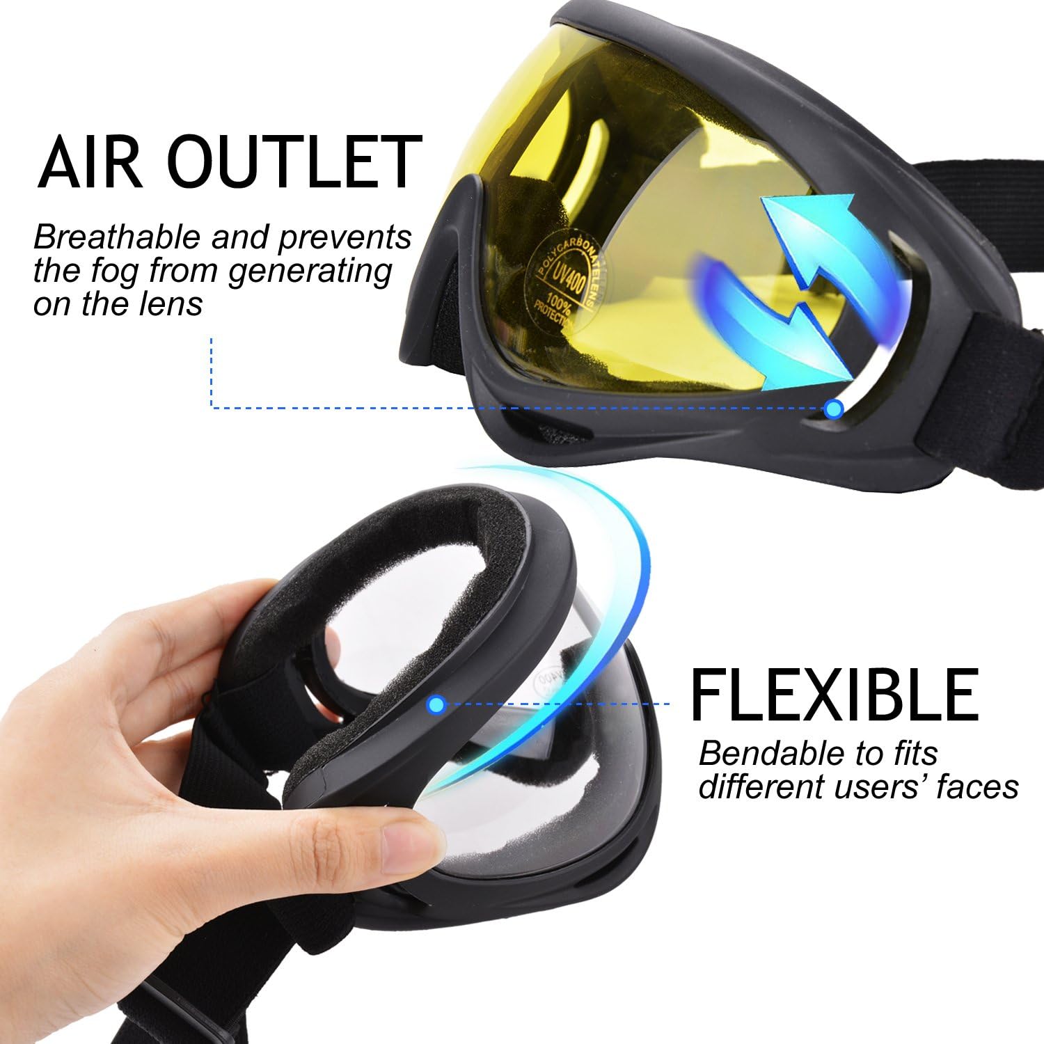 Outgeek Ski Goggles, 2-Pack Skate Glasses with UV 400 Protection Windproof and Dustproof for Snowboard Motorcycle Bicycle