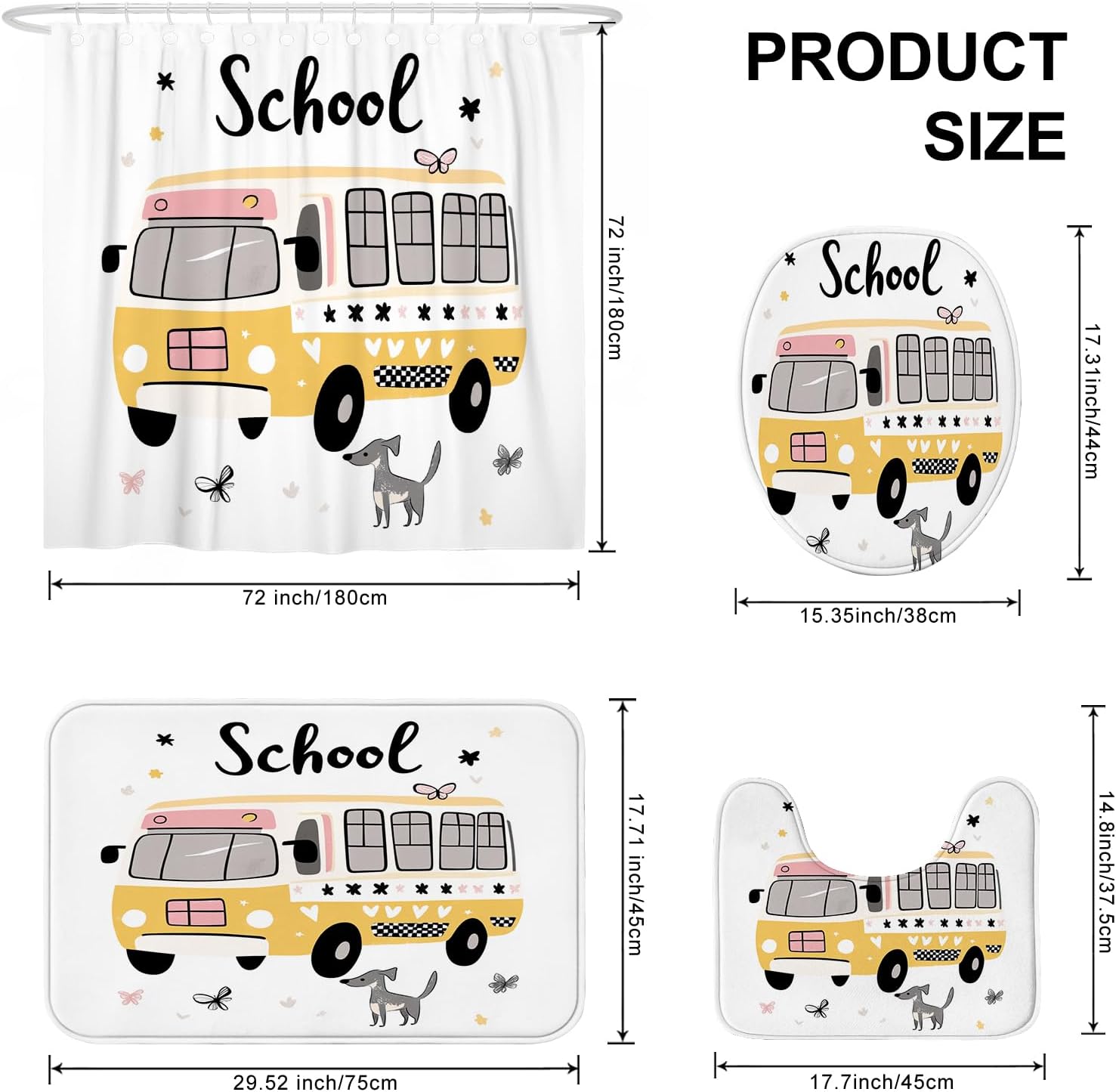 4PCS Cartoon Greyhound Dog Bathroom Accessory Sets with Non-Slip Rug, U Shape and Toilet Lid Cover Mat, Kid School Bus Bathroom Fabric Decor-72''x72''