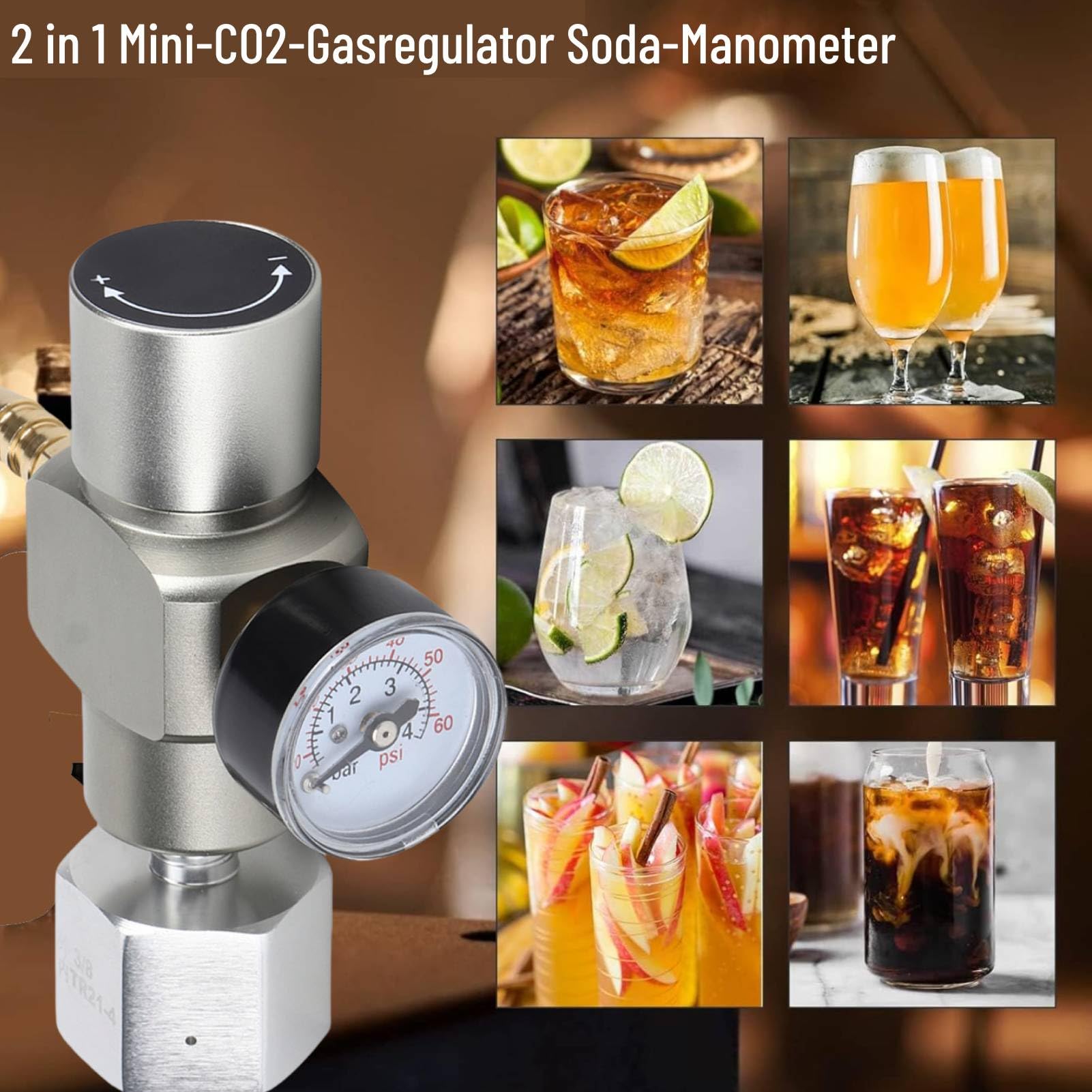 Zerodis Régulateur de gaz CO2 Régulateur de Pression 2 en 1 Soda avec Adaptateur 3 / 8in à TR21.4