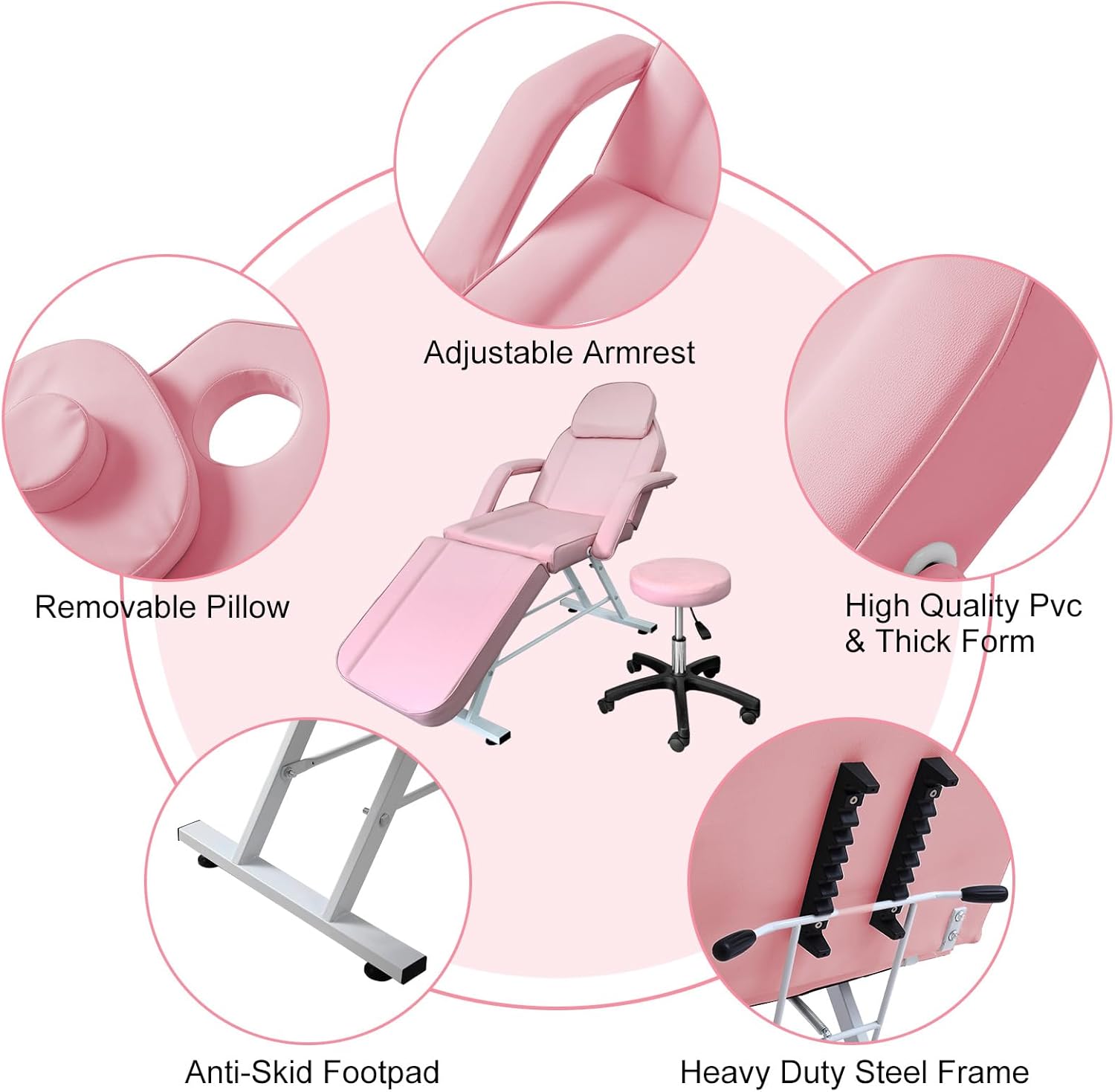 Tattoo Chair 3-Section Adjustable Salon Table with Head Cushion and Stool, Facial Chair Massage Bed, Max Weight Capacity 330lbs (Pink)