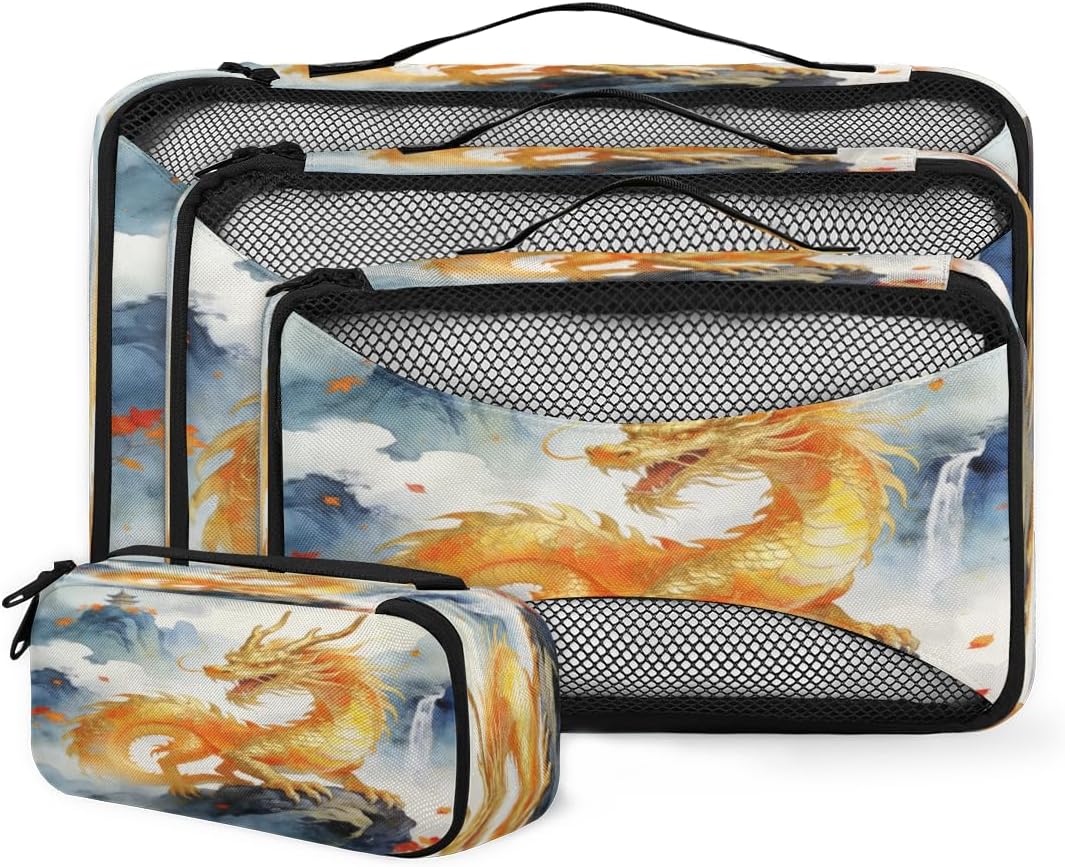 Golden Dragon Pattern Travel packaging box 4 sets - 4 sizes of durable luggage storage boxes,comprehensive packaging boxes for toiletries,underwear,shoes,and travel essentials