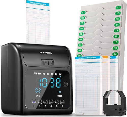 Volcora Reloj de tiempo para empleados con 150 tarjetas de tiempo, 1 cinta de tinta, 1 estante, máquina de relojes de tiempo para pequeñas empresas