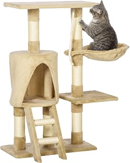 Pawhut Árbol para Gatos Rascador con Nido Plataforma Caseta Escalera Cuerda de Juego 30x55x96cm Tablero de Madera y Cubierto de Felpa Marrón