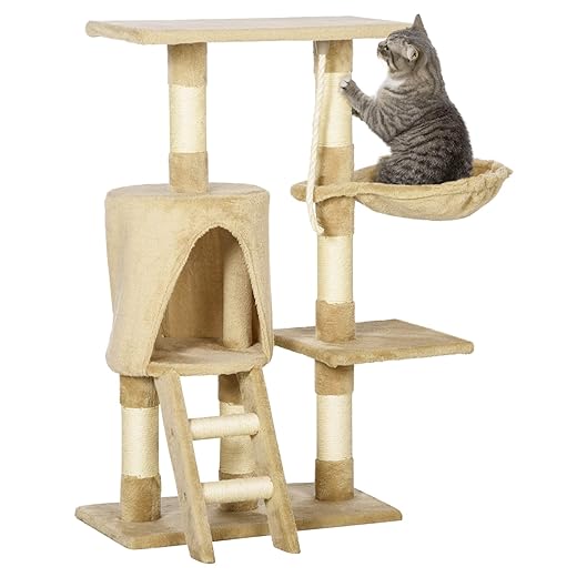 Pawhut Árbol para Gatos Rascador con Nido Plataforma Caseta Escalera Cuerda de Juego 30x55x96cm Tablero de Madera y Cubierto de Felpa Marrón