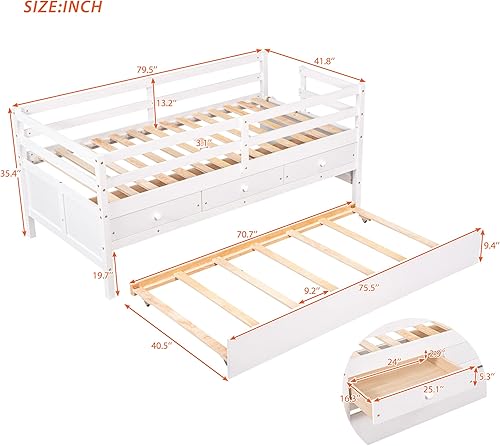Miniatura 62 de Quarte Sofá cama multifuncional de tamaño individual con nido y estantes plegables en ambos lados, sofá cama con marco de madera y listones, para