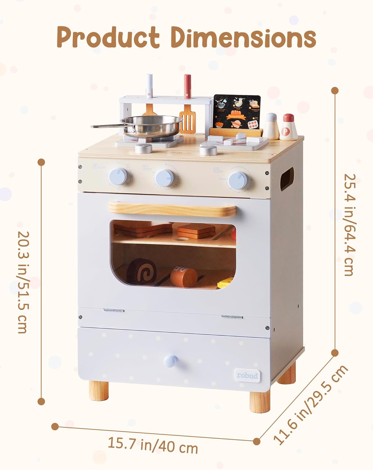 ROBUD Wooden Toy Oven Play Kitchen Set, Blue Toy Kitchen with Kitchenware, Recipes and Spice Bottles for Nursery, Playroom, Birthday Gift to Kids Age 3+, WCF67