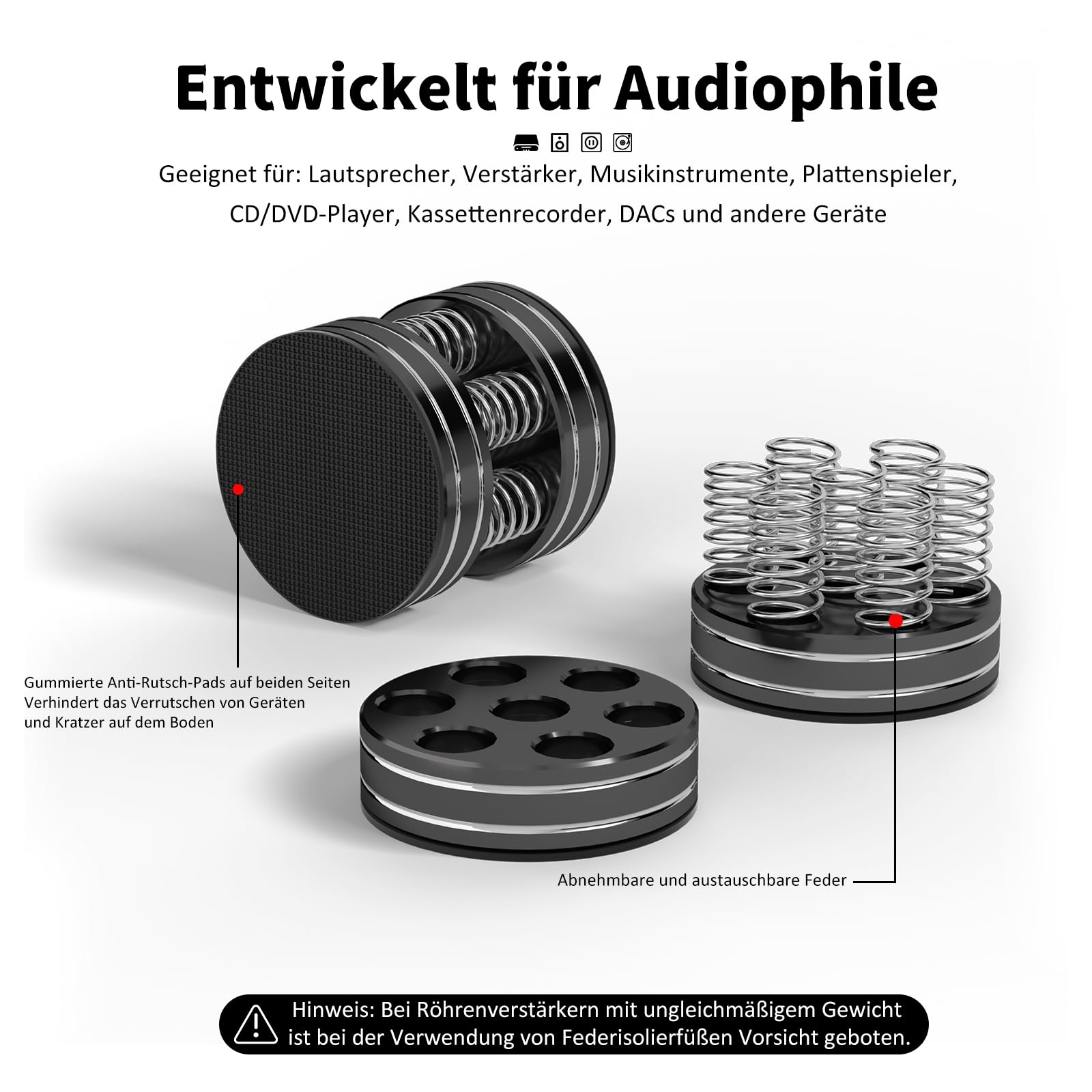 4 Stück 44mmx38mm Aluminium-Lautsprecher-Federfüße, Isolationsfüße mit rutschfesten Gummipuffern zur Dämpfung von Vibrationsgeräuschen, für Lautsprecher, Subwoofer, Verstärker, Plattenspieler