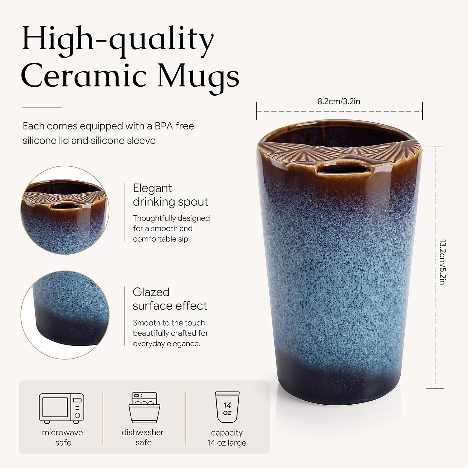 Wilinglong 2 Pcs Handmade Ceramic Travel Mugs 14 oz with Sip Hole, Blue
