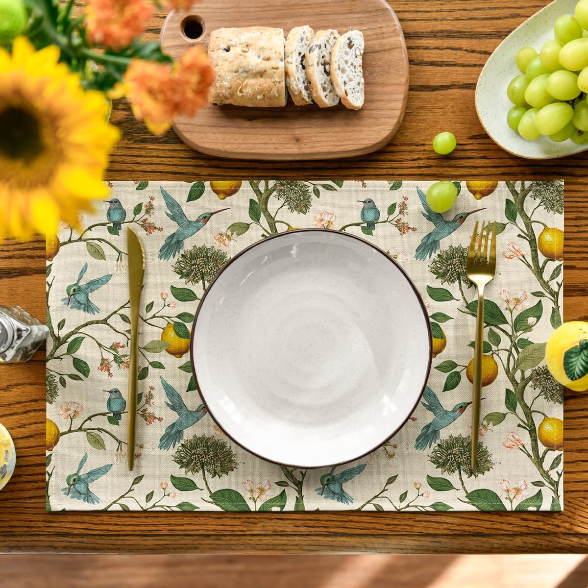 Artoid Mode Brown Lemon Tree Bird Flower Summer Place Mats 12x18 Inch Set of 4 and Table Runner 13x72 Inch
