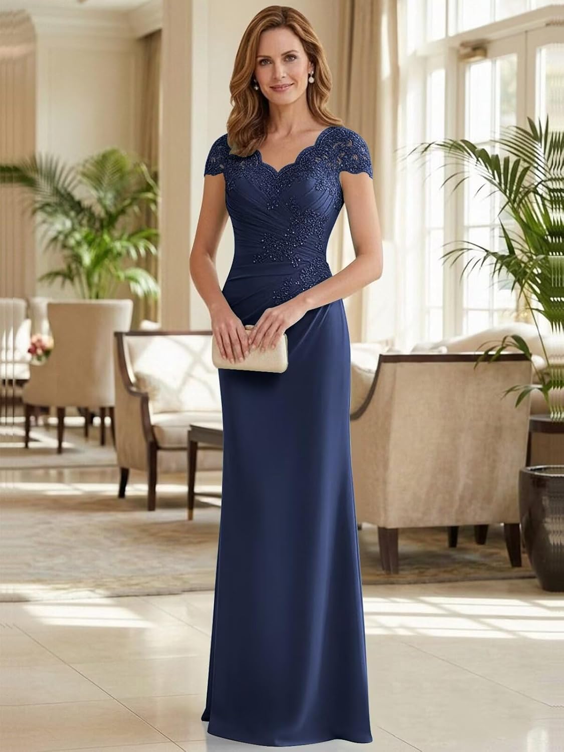 Long Lace Mother of The Bride Dresses for Women Elegant Chiffon V Neck Formal Wedding Guest Dress with Sleeves - Image 3