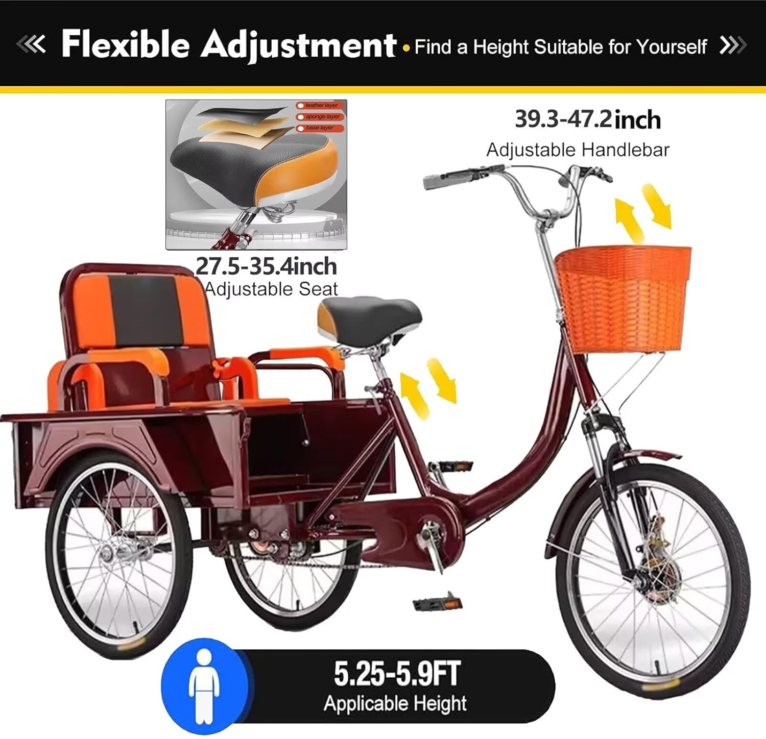 3 Wheel Cruiser Bike with Foldable Cover Seat for Carry Passenger and Cargo,Adjustable Seat Post,20" All-Terrain Wheels,Adult Tricycle with Front Suspension,Dual Cahin Drive Trike
