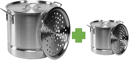 Juego de tamales de aluminio/vaporizador - 52 cuartos + 20 cuartos de galón con inserto de vapor y tapas.
