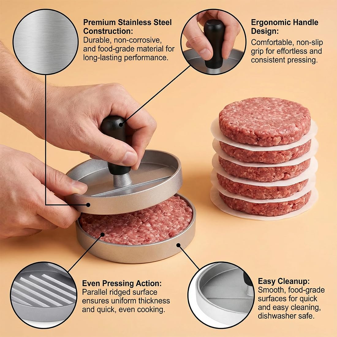 Presse Burger en Fonte d'aluminium, Presse Steak Haché, Moule à Hamburger pour Hamburgers, Galettes, BBQ