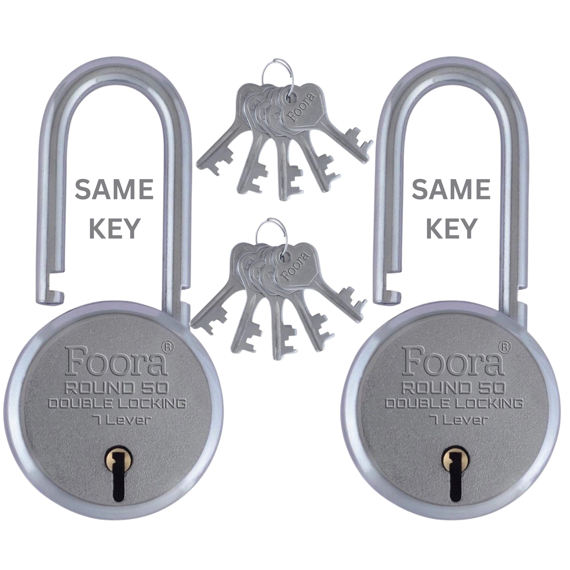 Foora Same Key Round 50mm Long Shackle Padlock (Pack of 2) | Strong Metal Body Locks with 10 Common Keys | Double Locking 7-Lever Security Padlocks for Gate, Grill, Door, Cabinet & Home Safety-picture-14