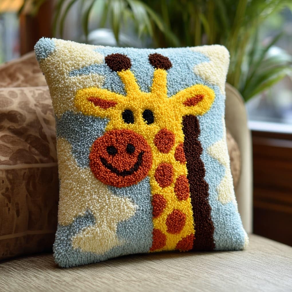 Henypt Latch Hook Kits for Adults,Cute Giraffe 43x43cm DIY Rug Making Kit,Crochet Yarn Craft Set for Home Sofa Decor & Handmade Gift