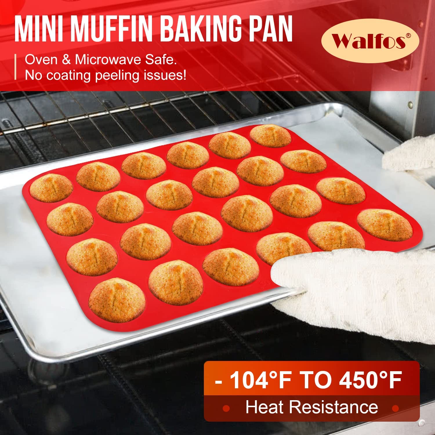 Walfos 2pcs Silicone Mini Muffin Pan, 24 Cups, BPA Free and Dishwasher Safe, Non-Stick Silicone Cupcake Baking Pan - Image 4
