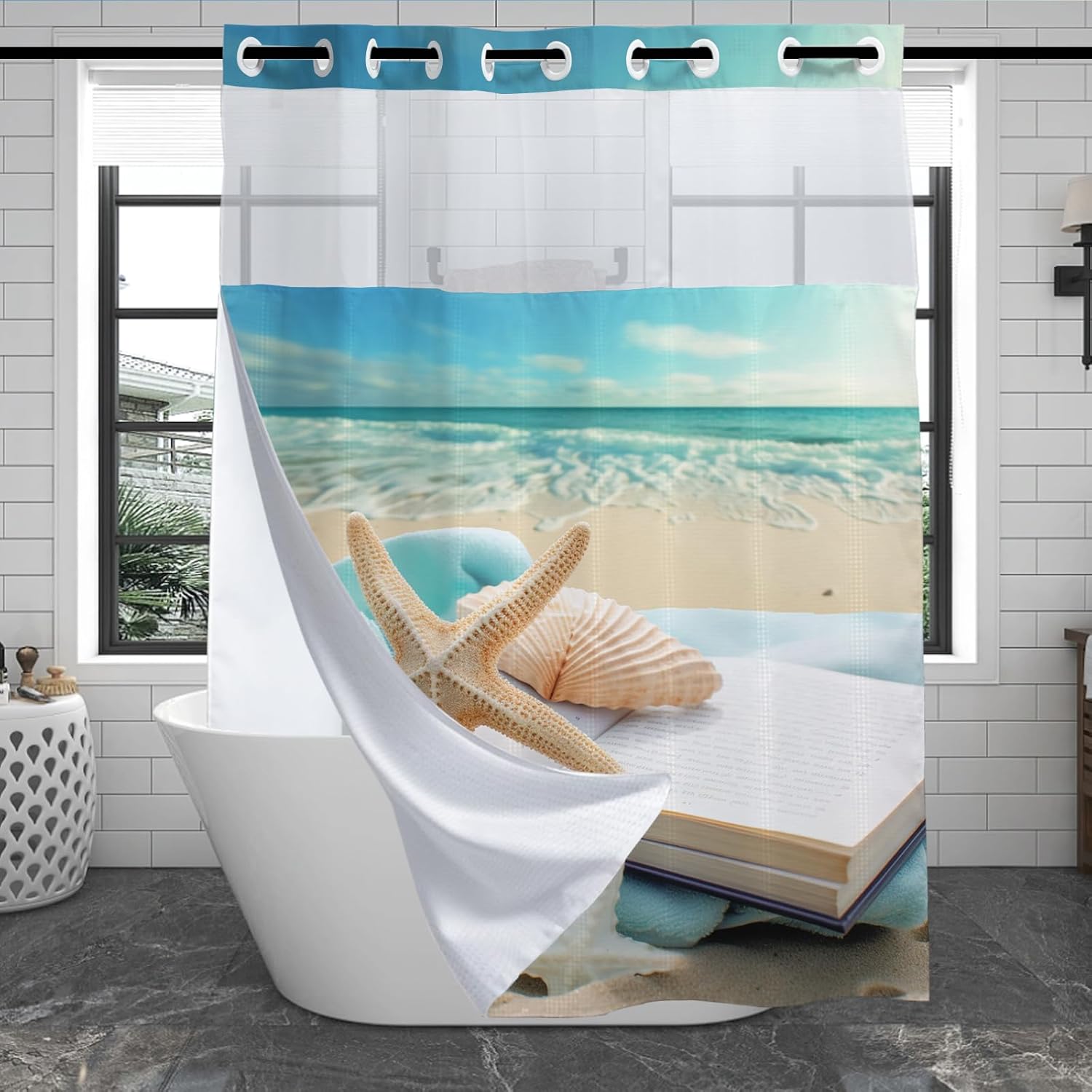 Seashell Beach Shower Curtain for Bathroom, Waterproof Waffle Funny Starfish Book Shower Curtain with Snap in Fabric Liner Set, Heavy Duty Bath Curtains Hotel Spa Luxury Polyester 72Wx74H No Hook