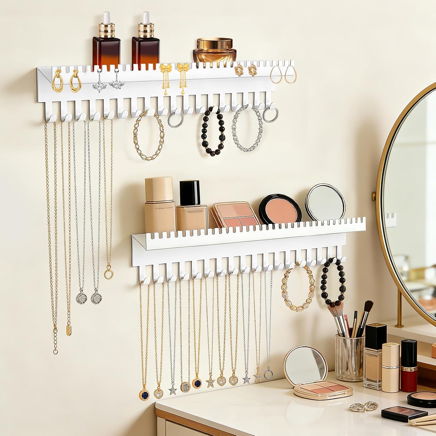 2 Pcs White Alloy Necklace Holder Wall Mount, Heavy-Duty Wall Jewelry Organizer with 18 Hooks & Cosmetics Storage Tray, Space-Saving Hanging Jewelry Organizer for Necklaces Bracelets Rings Perfume