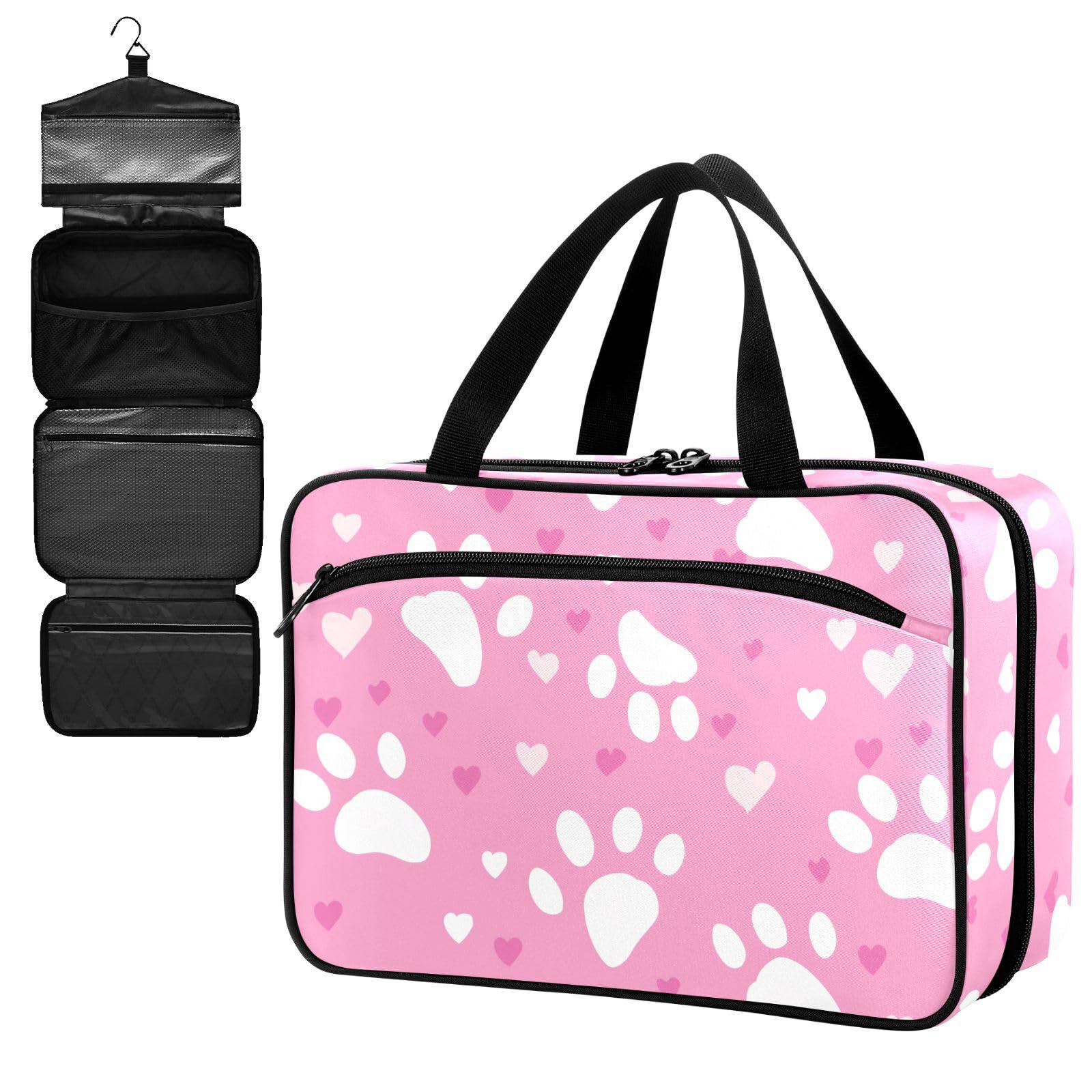 Fustylead White Paw Prints and Hearts on Pink Background Large Medical Storage Bag with Zipper Empty First Aid Bag Trauma Kit for Traveling Hiking Camping Backpacking