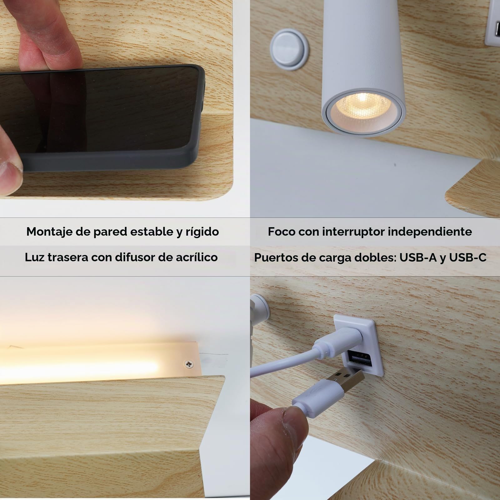 Alpinaluz Aplique LED de Pared con Luz de Lectura Orientable y Ambiental 2700K, Interruptor Dual, Doble Puerto de Carga USB, Repisa, Metal con Efecto Madera Beige Claro, Foco