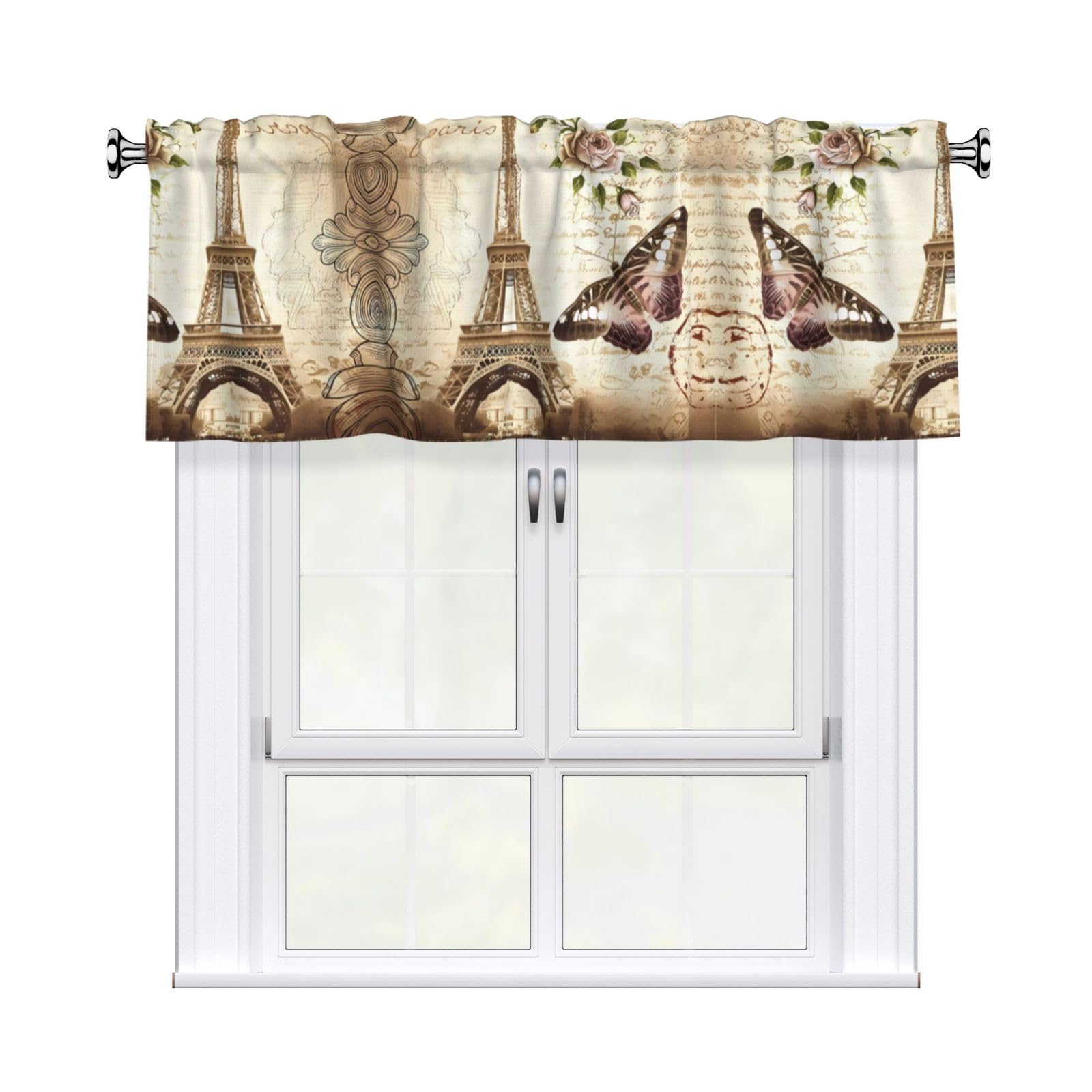 WHJDPP Vintage Paris Eiffel Tower Butterfly Prints Curtain Valance 54x18 Inch - Peach Skin Window Cover with Printed Design, Filtering Light for Kitchen Decor