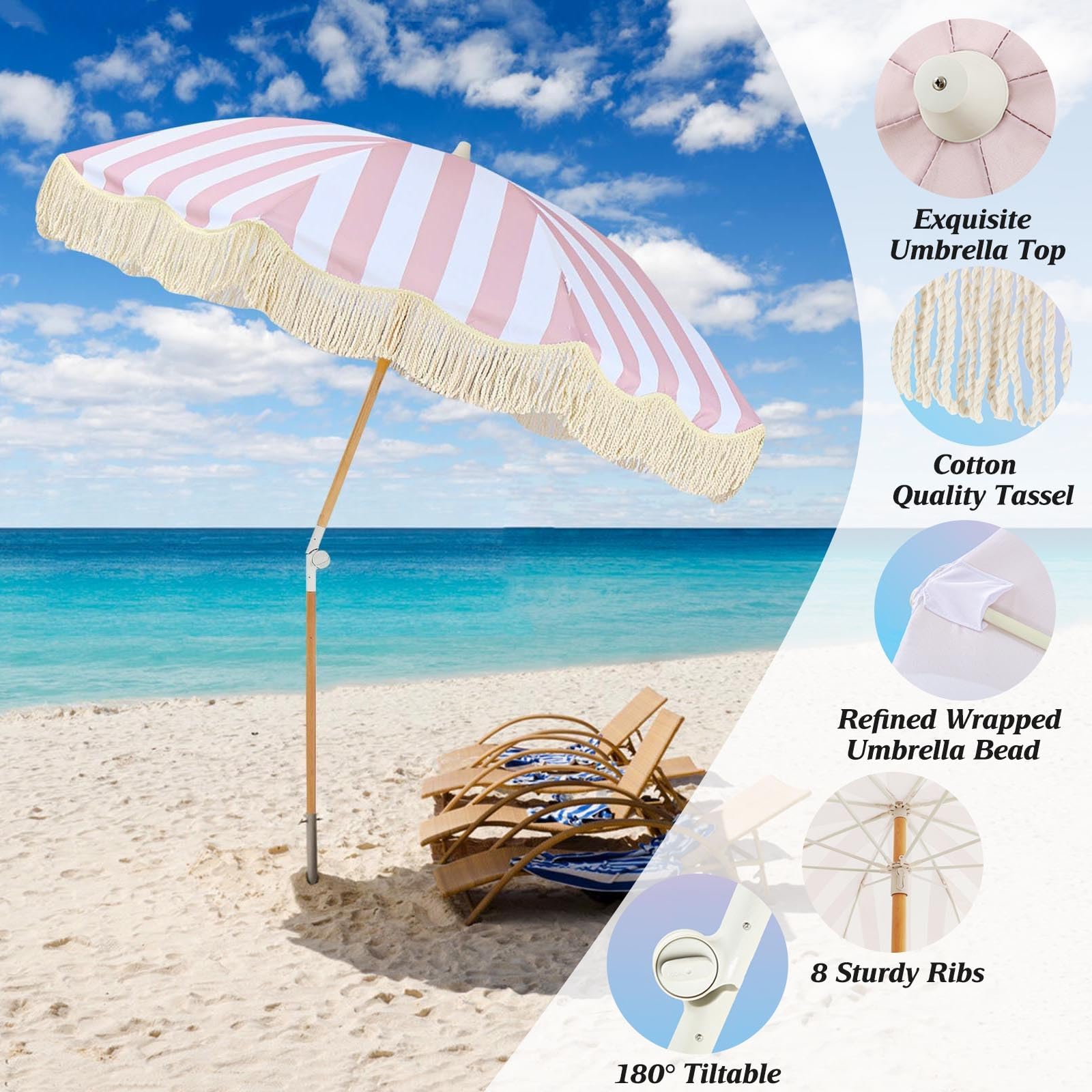 Rosa A Rayas Sombrilla De Playa Con Flecos 200cm Sombrilla De Exterior Protección UV Sombrillas Terraza Con Inclinación Portátil Sombrillas Para Patio Con Bolsa Para Jardín Cubierta Piscina Patio