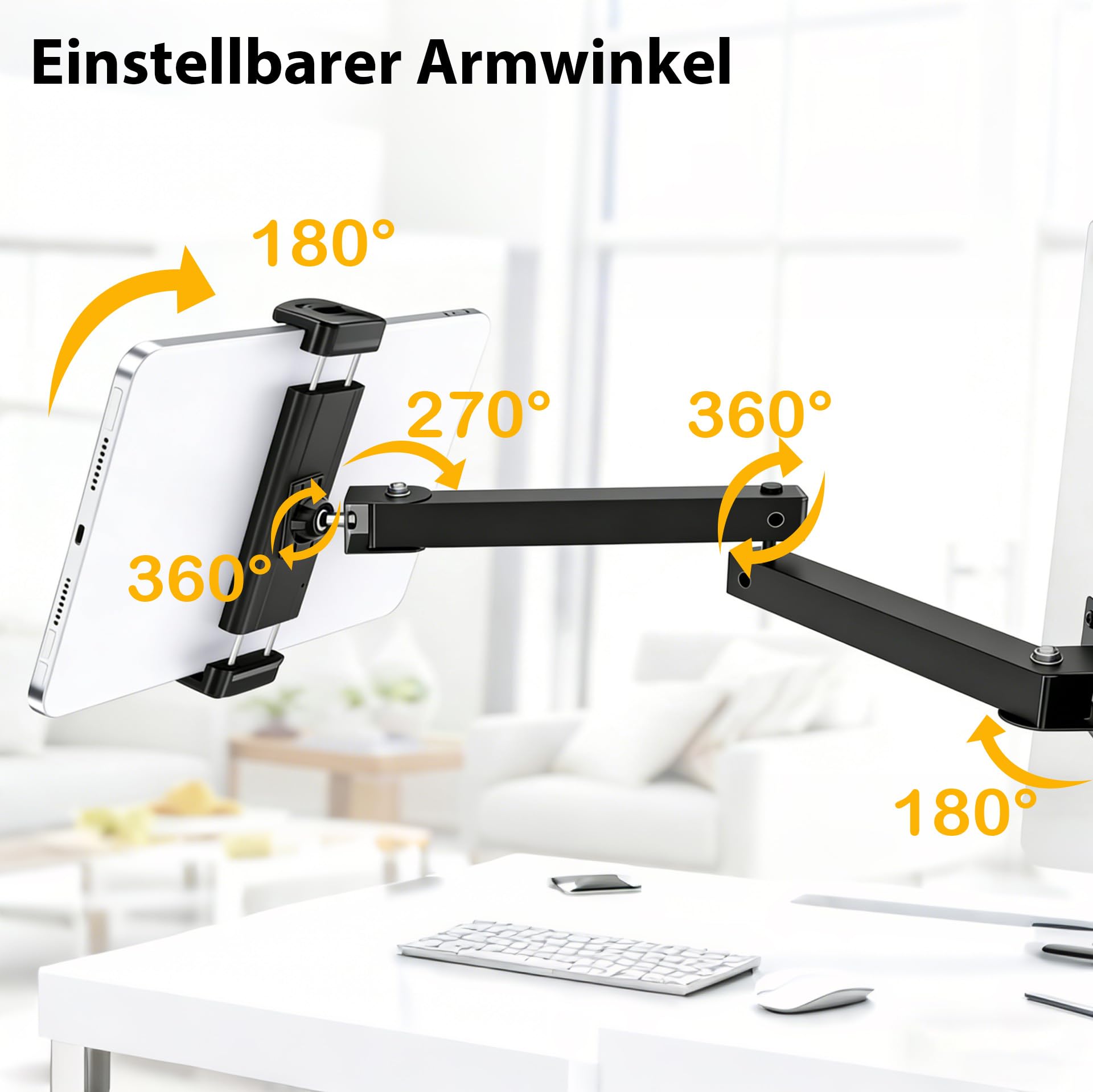 Uchwyt ścienny na tablet, aluminiowy wysuwany uchwyt ścienny, regulacja wysokości, składany, obracany o 360 stopni, składany, do kuchni, biura, salonu, łazienki lub sypialni, do urządzeń 4-13"