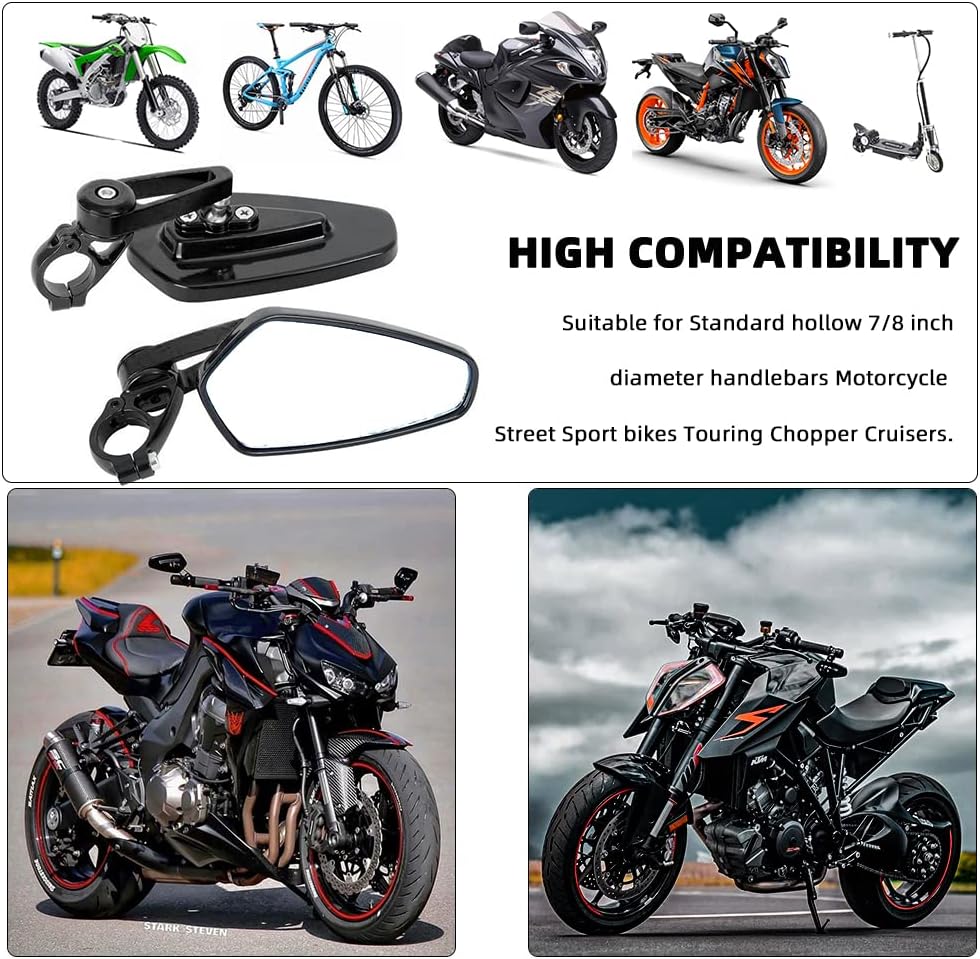 Motorcycle Handlebar Bar End Mirror, Universal 7/8" Handle Black Rear View Side Mirrors Compatible with GROM MSX125 CB500F Z125 Z750 Z900 MT-03 MT-07 FZ-07 MT-09 FZ-09 MT-10 FZ-10 FZ6