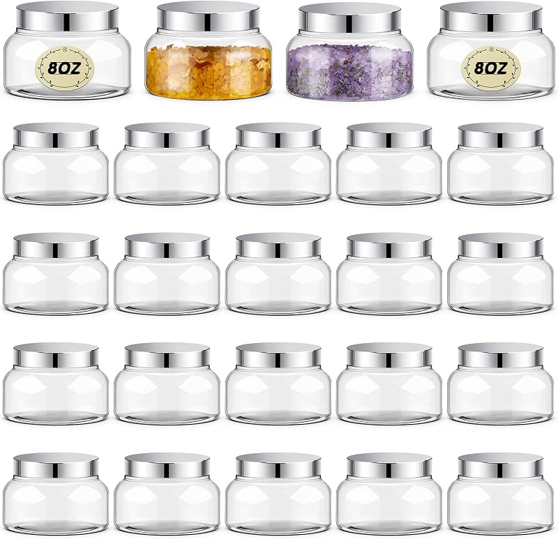 Tessco for you Frascos Cosméticos de Plástico PET com Tampa, 240 mL, Transparentes e Prateados, Pacote com 24
