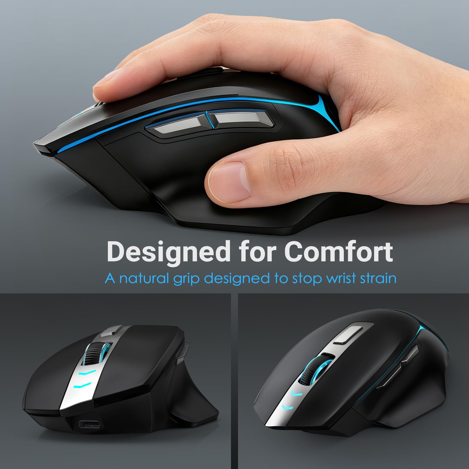 GAMCATZ Ratón inalámbrico para juegos, mouse ergonómico RGB de 12500 DPI con conectividad de tres modos (Bluetooth 5.1/2.4G/cable), ratones recargables USB-C para computadora, Mac, iPad, laptop y PC