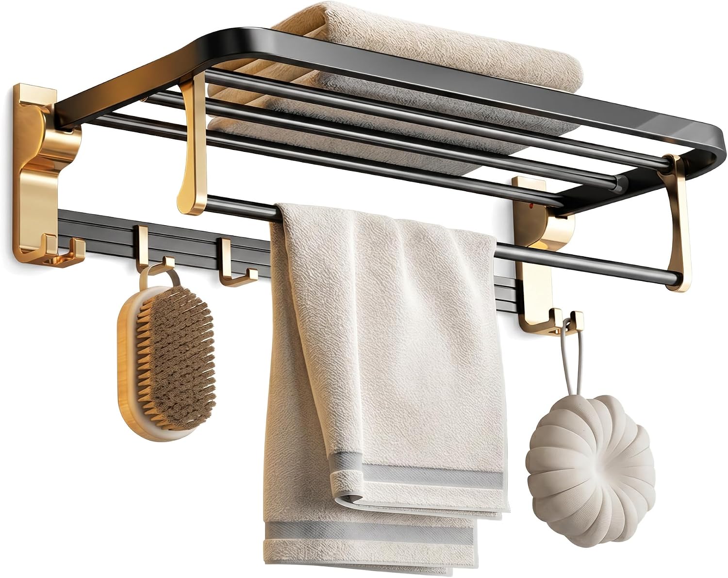 Towel Storage for Small Bathroom、 24 inch Towel Rack，Bath Towel Holder， Foldable Towel Rack with 7 Hooks, Bathroom and Toilet wall Mounted Towel Rack Made of Aviation Aluminum (Luxury Black Gold)