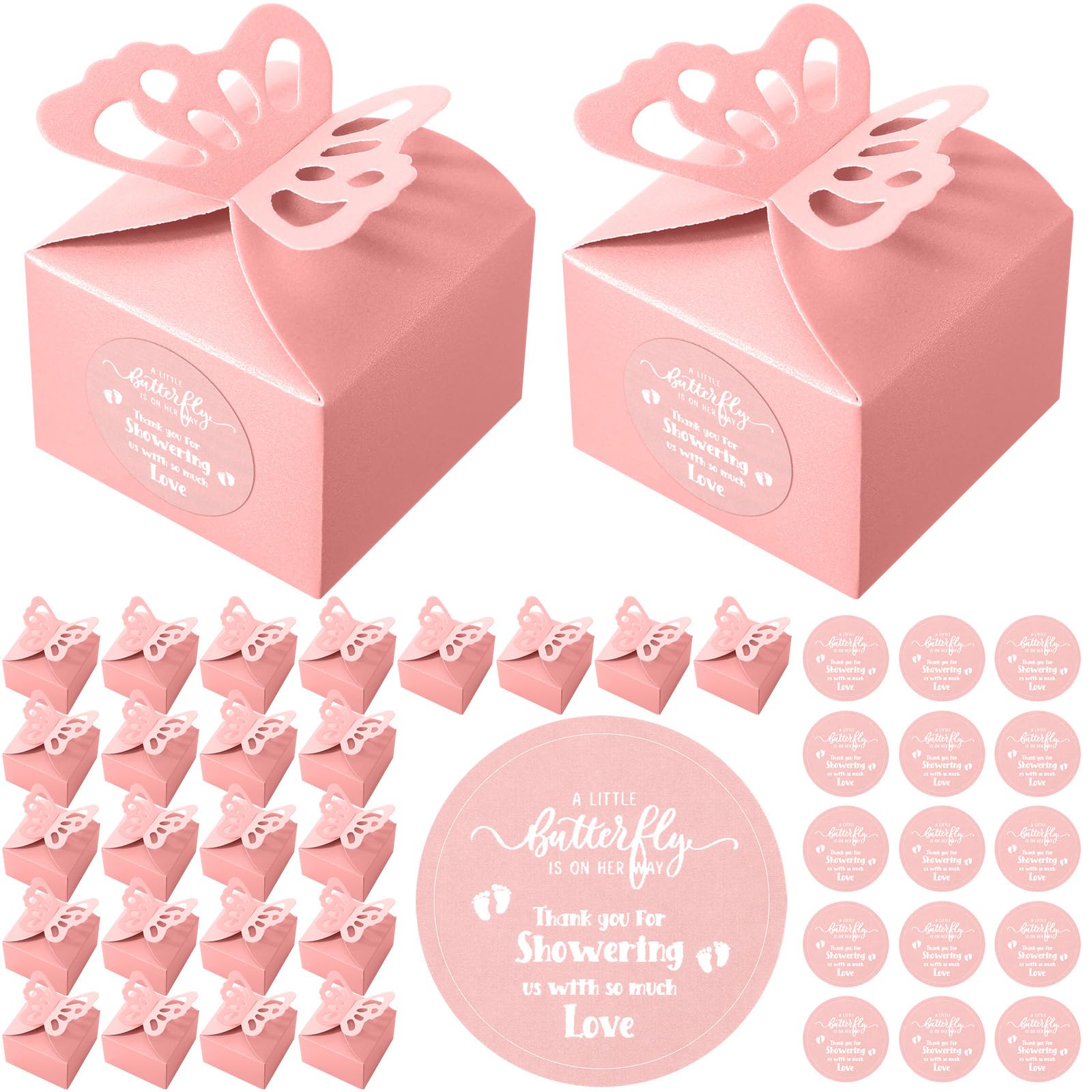 100 Pcs Pink Butterfly Favor Boxes With Labels | Baby Shower Party Gift Candy Boxes