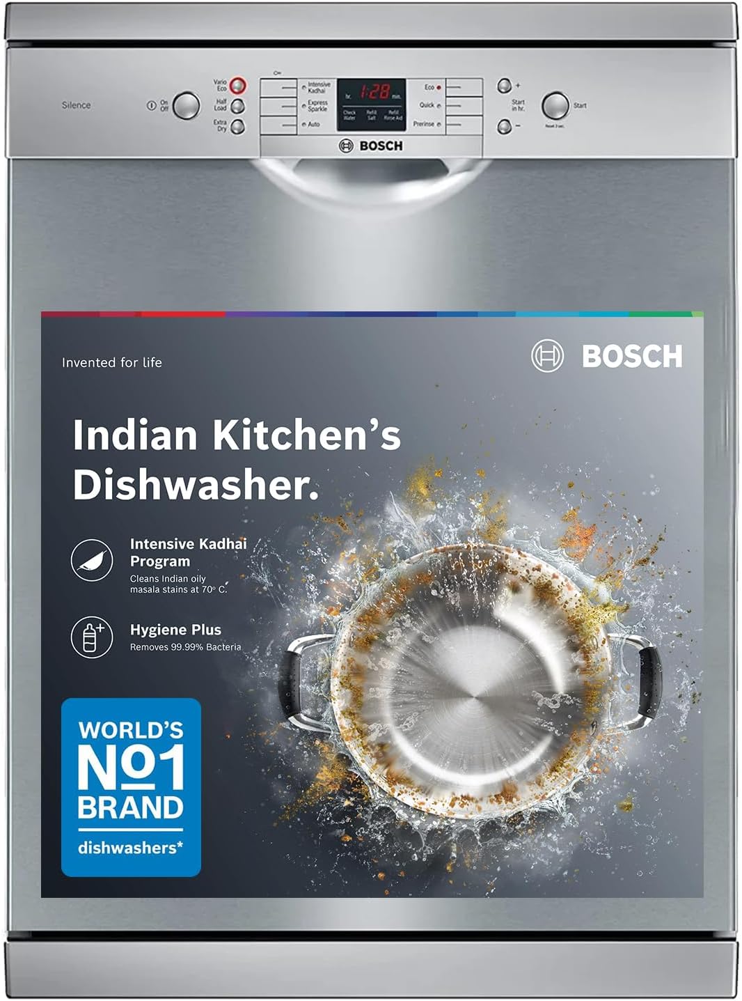 Bosch 13 Place Setting (fits up to 70 utensils) Free-Standing Dishwasher for Indian Utensils | Hygiene+ & Intensive Kadhai Program (SMS66GI01I, Inbuilt Heater, Removes 99.9% Germs, Silver Inox)