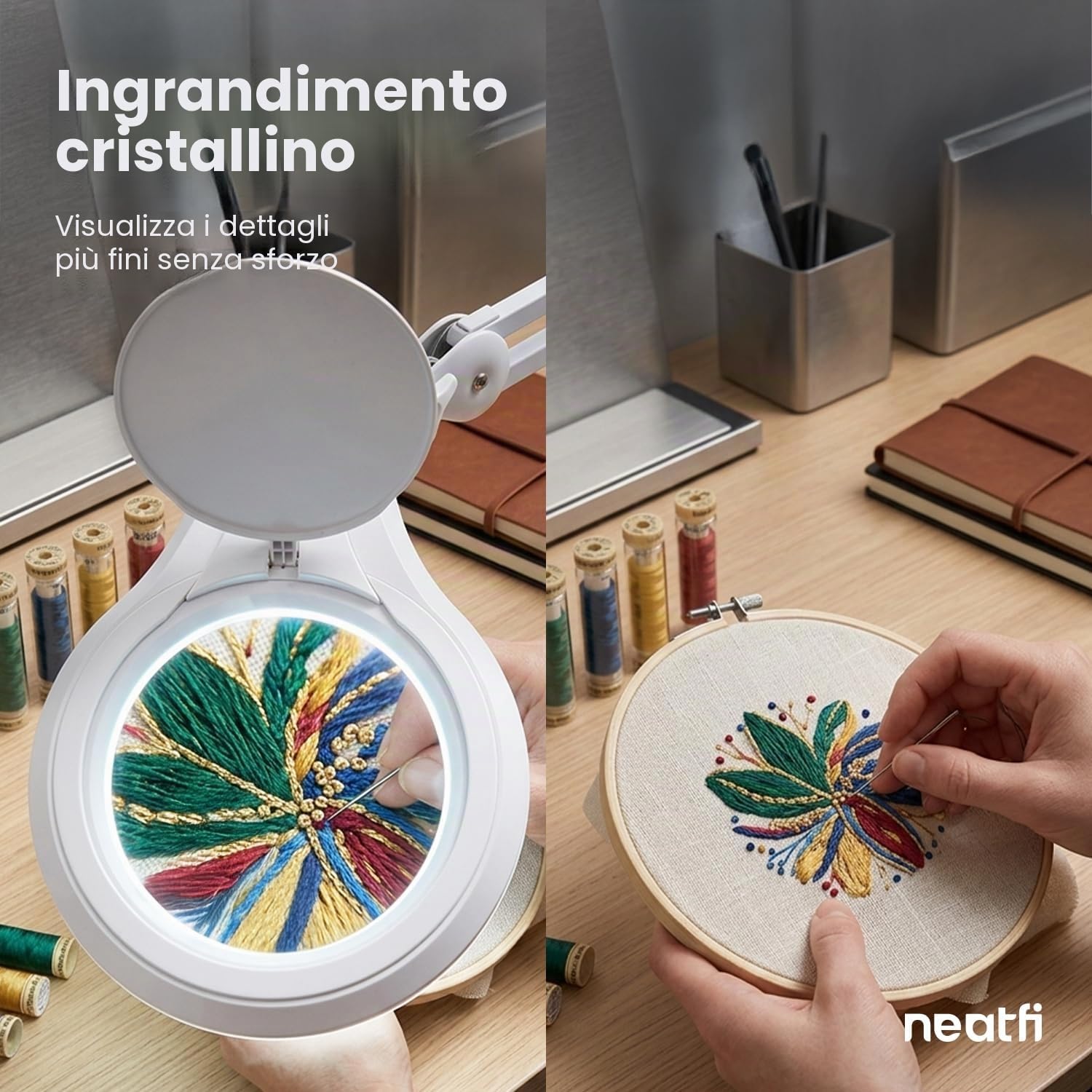 Neatfi (Nuovo Modello) 1.200 lumen Super LED lampada con morsetto, dimmerabile, lente da 13 cm, 60 LED SMD, braccio regolabile (Bianco, 8 Diottrie)
