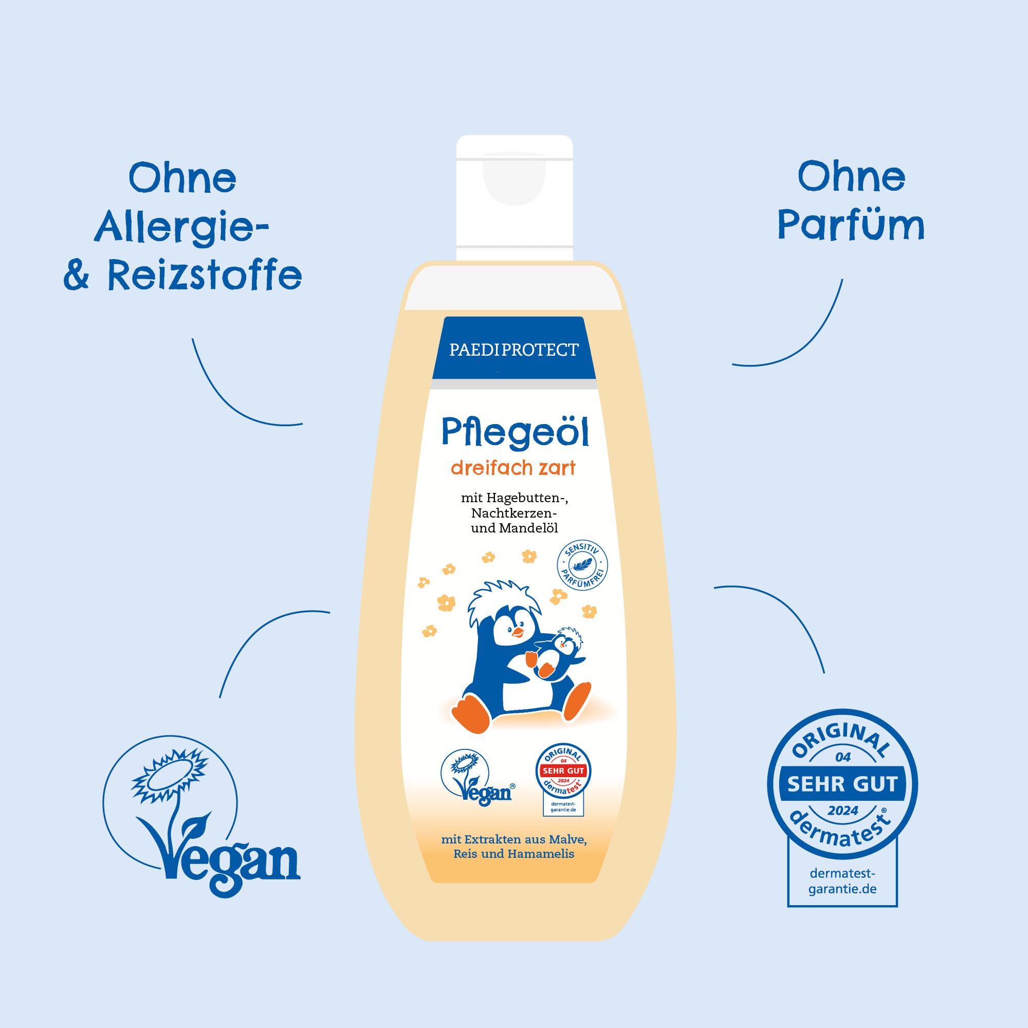PAEDIPROTECT Olio per la cura di neonati e bambini 200 ml, olio per bambini con olio di mandorle per pelli giovani, olio per il corpo per la cura delicata della pelle e pulizia nella zona del