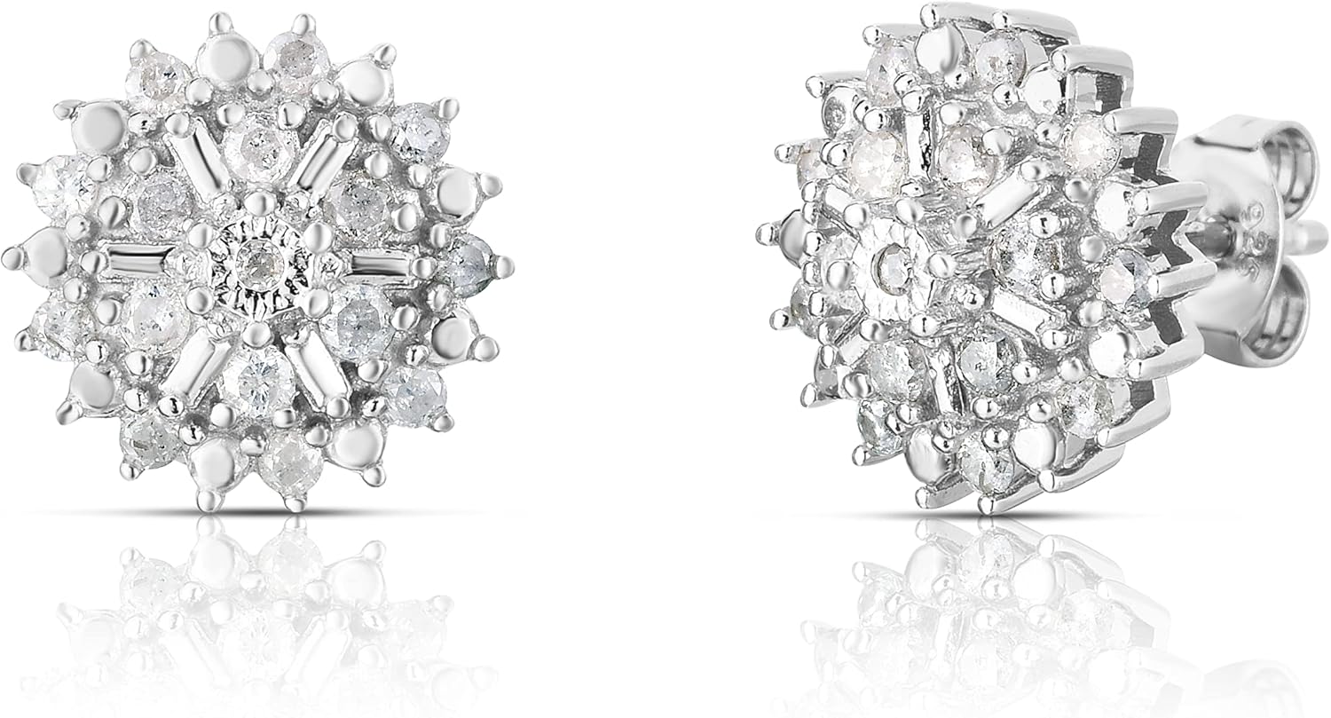 Natalia Drake Round Baguette Cluster 1/2 Cttw Diamond Stud Earrings for Women in Rhodium Plated 925 Sterling Silver