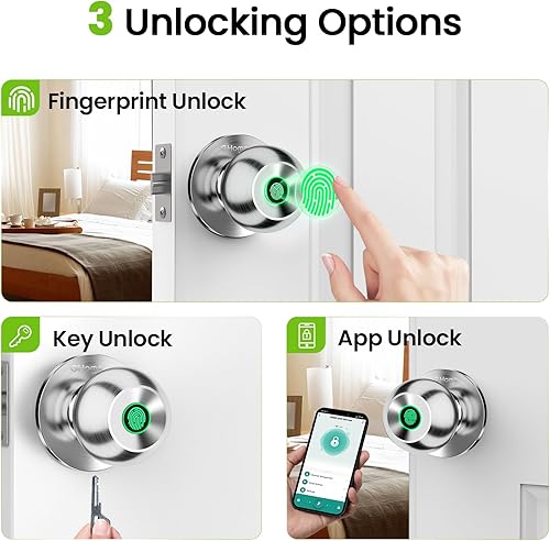 Miniatura 2 de GHome Smart Cerradura de puerta de huellas dactilares, perilla de puerta inteligente 3 en 1 con control de aplicación y llave, bloqueo automático,