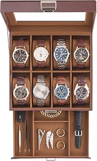 ProCase Espresso 8-Slot Watch Box with Glass Lid & Drawer - Premium 2-Layer Organizer for Mens Watches & Jewelry