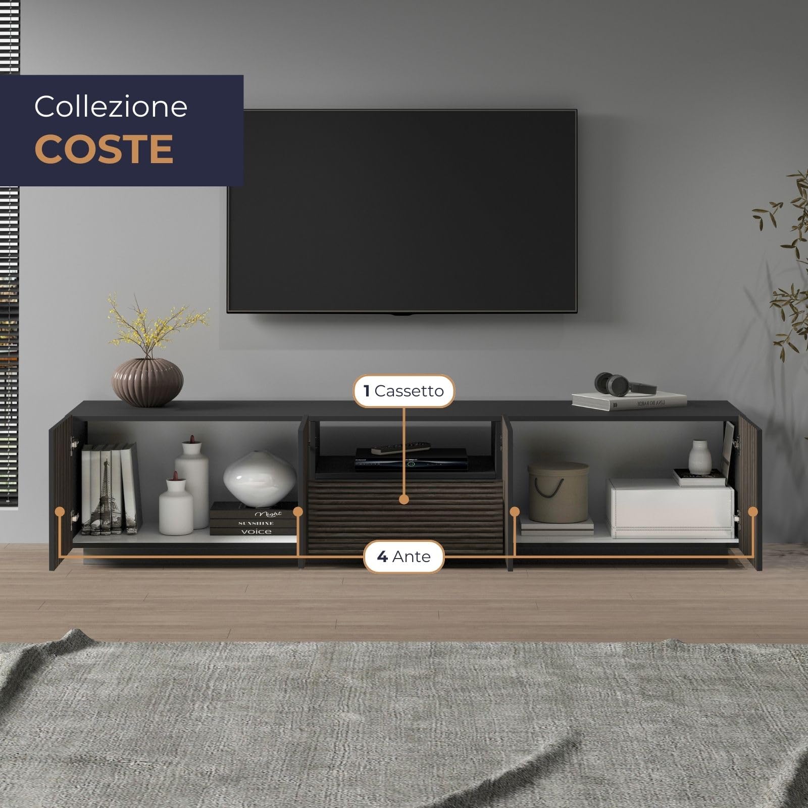 WHOUS Mobile Porta TV COSTE per Soggiorno con 4 Ante e 1 Cassetto, Mobile Tv in Stile Canneté per Salotto in Legno, 220,1x43x46 cm, Antracite Opaco e Legno Scuro