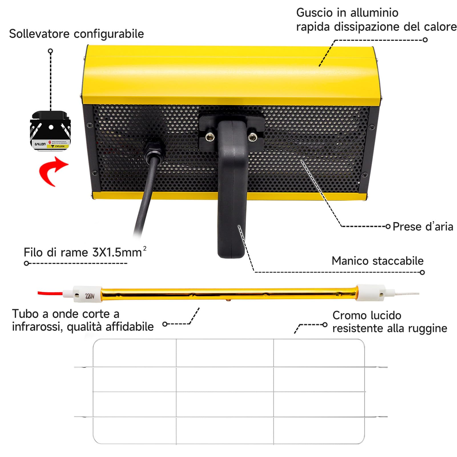 DATOUBOSS Lampada Infrarossi per Carrozzeria 2000W, Lampada per Asciugatura Vernice 220V Essiccatore Portatile a Infrarossi per Riparazione Carrozzeria Auto Lavori di Verniciatura