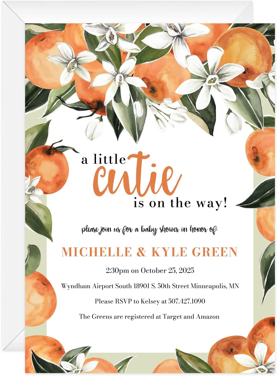 Canopy Street Little Cutie Personalized Invitations / 25 Custom Citrus Party Invites And White Envelopes/DIY 5" x 7" Baby Shower Sprinkle Party Invitation/Made In The USA
